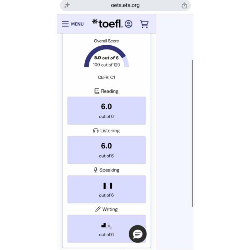 天津某同学托福代考出5.0分